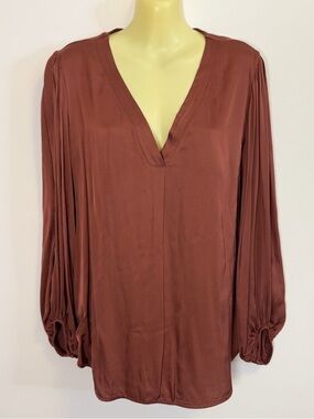 SUZY D Wardina Silky Rust Long-Sleeve V-Neck Blouse